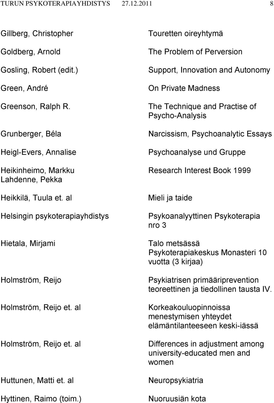 Psychoanalytic Essays Psychoanalyse und Gruppe Heikinheimo, Markku Research Interest Book 1999 Lahdenne, Pekka Heikkilä, Tuula et.