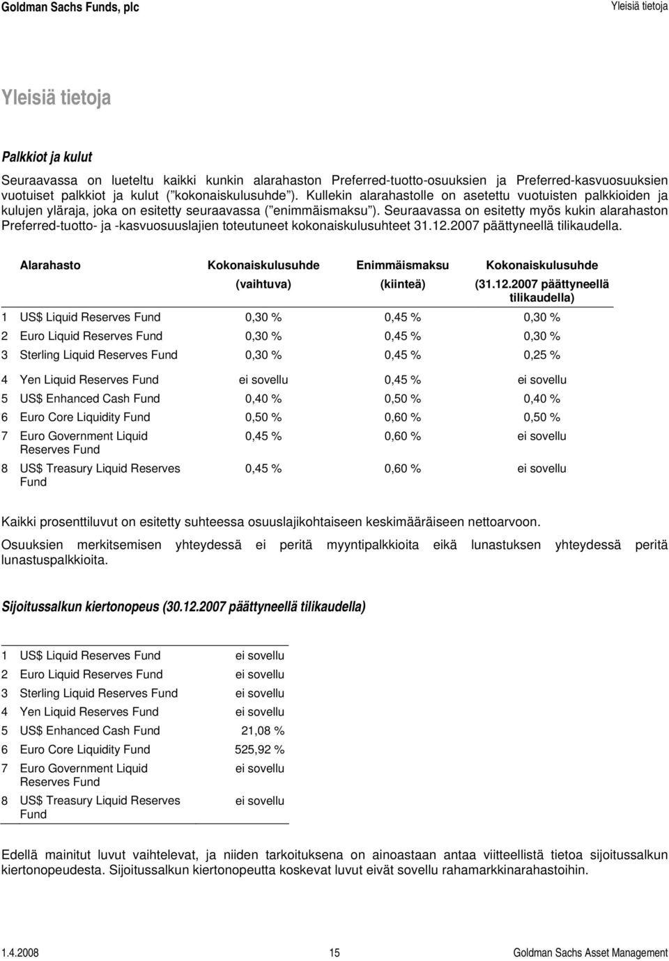 Seuraavassa on esitetty myös kukin alarahaston Preferred-tuotto- ja -kasvuosuuslajien toteutuneet kokonaiskulusuhteet 31.12.2007 päättyneellä tilikaudella.