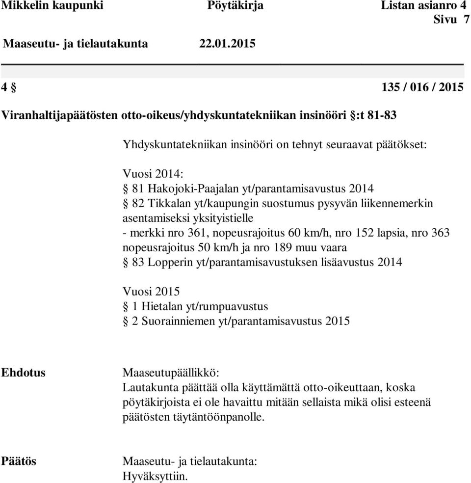 km/h, nro 152 lapsia, nro 363 nopeusrajoitus 50 km/h ja nro 189 muu vaara 83 Lopperin yt/parantamisavustuksen lisäavustus 2014 Vuosi 2015 1 Hietalan yt/rumpuavustus 2 Suorainniemen