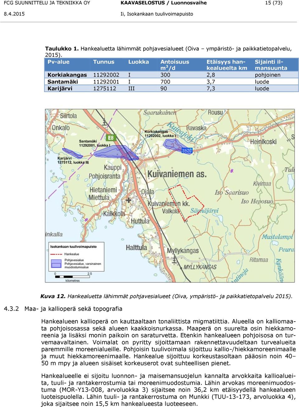 Kuva 12. Hankealuetta lähimmät pohjavesialueet (Oiva, ympäristö- ja paikkatietopalvelu 2015). 4.3.