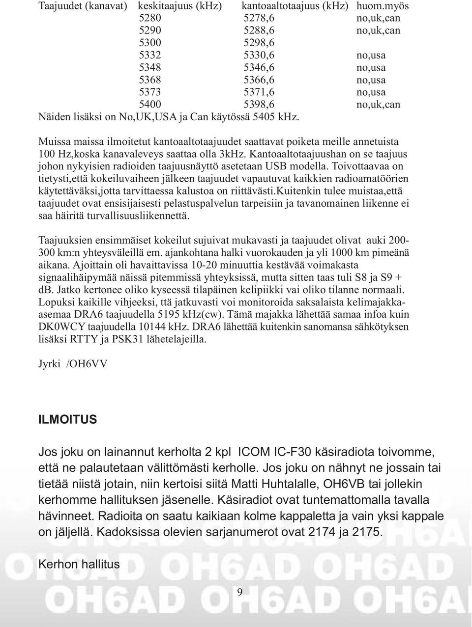 käytössä 5405 khz. Muissa maissa ilmoitetut kantoaaltotaajuudet saattavat poiketa meille annetuista 100 Hz,koska kanavaleveys saattaa olla 3kHz.