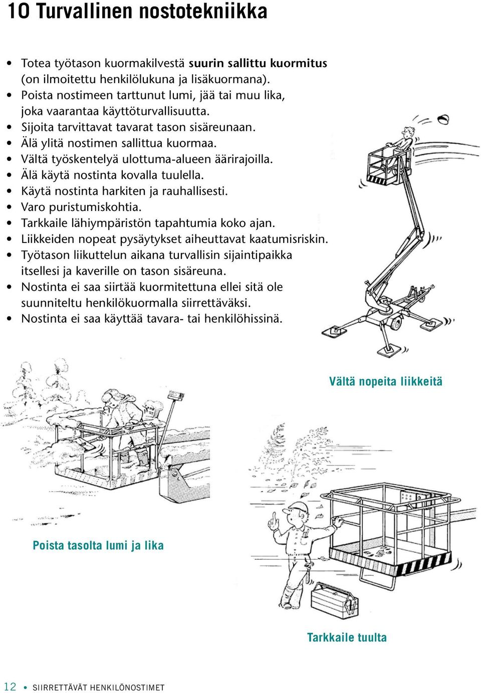 Vältä työskentelyä ulottuma-alueen äärirajoilla. Älä käytä nostinta kovalla tuulella. Käytä nostinta harkiten ja rauhallisesti. Varo puristumiskohtia. Tarkkaile lähiympäristön tapahtumia koko ajan.