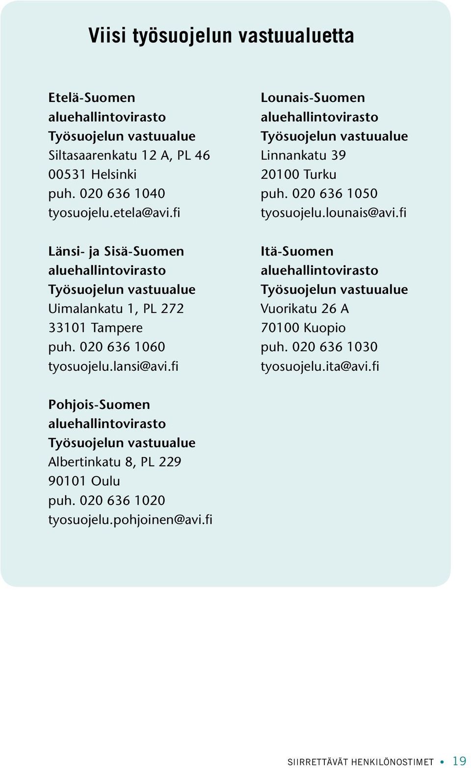 fi Länsi- ja Sisä-Suomen Itä-Suomen aluehallintovirasto aluehallintovirasto Työsuojelun vastuualue Työsuojelun vastuualue Uimalankatu 1, PL 272 Vuorikatu 26 A 33101 Tampere 70100