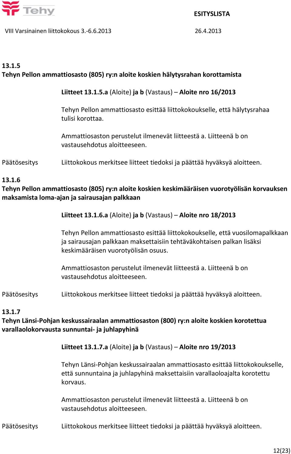 .1.6 Tehyn Pellon ammattiosasto (805) ry:n aloite koskien keskimääräisen vuorotyölisän korvauksen maksamista loma-ajan ja sairausajan palkkaan Liitteet 13.1.6.a (Aloite) ja b (Vastaus) Aloite nro