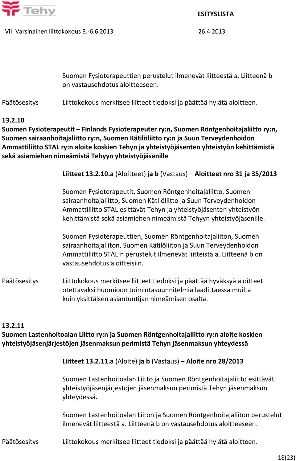 aloite koskien Tehyn ja yhteistyöjäsenten yhteistyön kehittämistä sekä asiamiehen nimeämistä Tehyyn yhteistyöjäsenille Liitteet 13.2.10.