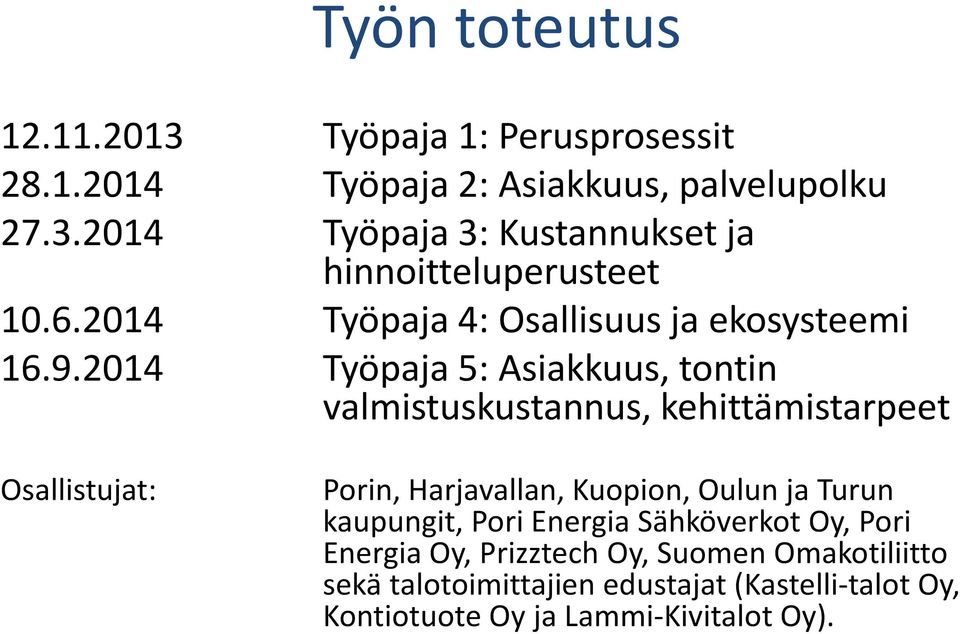 2014 Työpaja 5: Asiakkuus, tontin valmistuskustannus, kehittämistarpeet Osallistujat: Porin, Harjavallan, Kuopion, Oulun ja Turun