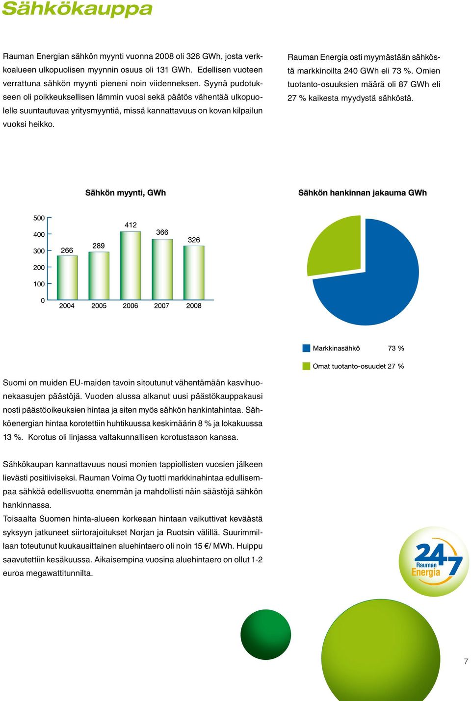 Rauman Energia osti myymästään sähköstä markkinoilta 240 GWh eli 73 %. Omien tuotanto-osuuksien määrä oli 87 GWh eli 27 % kaikesta myydystä sähköstä.
