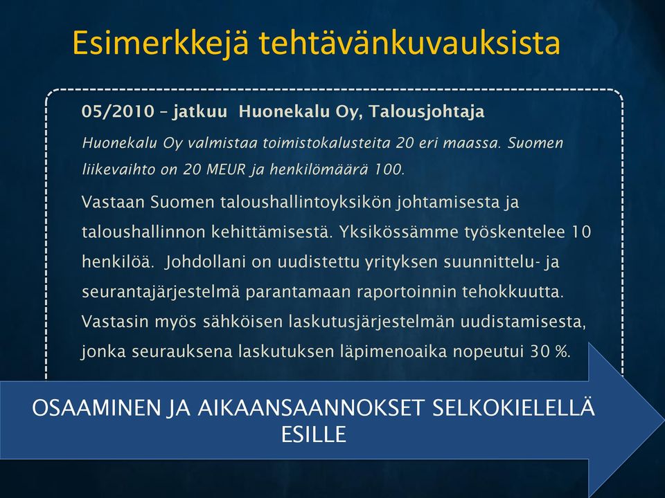 Yksikössämme työskentelee 10 henkilöä. Johdollani on uudistettu yrityksen suunnittelu- ja seurantajärjestelmä parantamaan raportoinnin tehokkuutta.