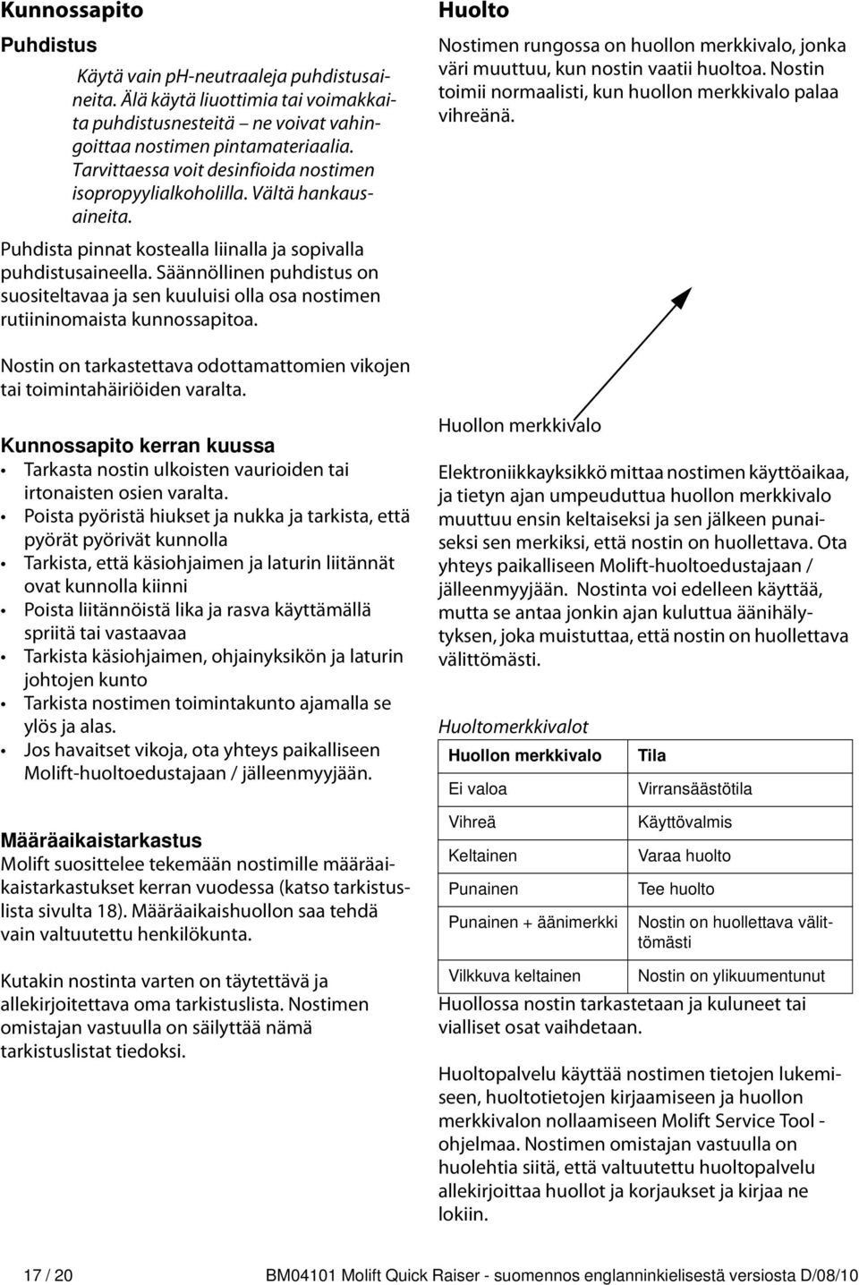 Säännöllinen puhdistus on suositeltavaa ja sen kuuluisi olla osa nostimen rutiininomaista kunnossapitoa. Huolto Nostimen rungossa on huollon merkkivalo, jonka väri muuttuu, kun nostin vaatii huoltoa.