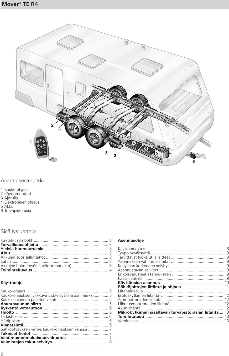 .. 5 Kauko-ohjauksen vilkkuva LED-näyttö ja äänimerkki... 5 Kauko-ohjaimen pariston vaihto... 5 Asuntovaunun siirto... 5 Kytkentä vetoautoon... 6 Huolto... 6 Tarkistukset... 6 Hätäpoisto.