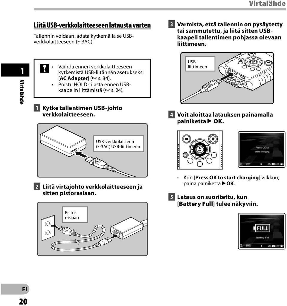 1 Virtalähde Vaihda ennen verkkolaitteeseen kytkemistä USB-liitännän asetukseksi [AC Adapter] ( s. 84). Poistu HOLD-tilasta ennen USBkaapelin liittämistä ( s. 24).