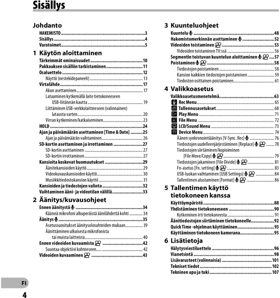 .. 20 Virran kytkeminen/katkaiseminen... 23 HOLD...24 Ajan ja päivämäärän asettaminen [Time & Date]...25 Ajan ja päivämäärän vaihtaminen... 26 SD-kortin asettaminen ja irrottaminen.