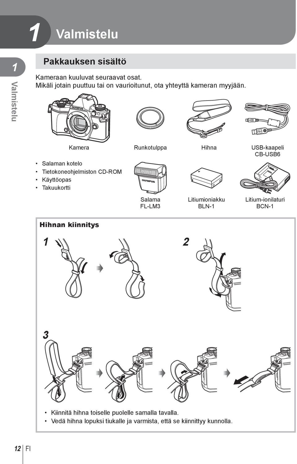 Kamera Runkotulppa Hihna USB-kaapeli CB-USB6 Salaman kotelo Tietokoneohjelmiston CD-ROM Käyttöopas Takuukortti