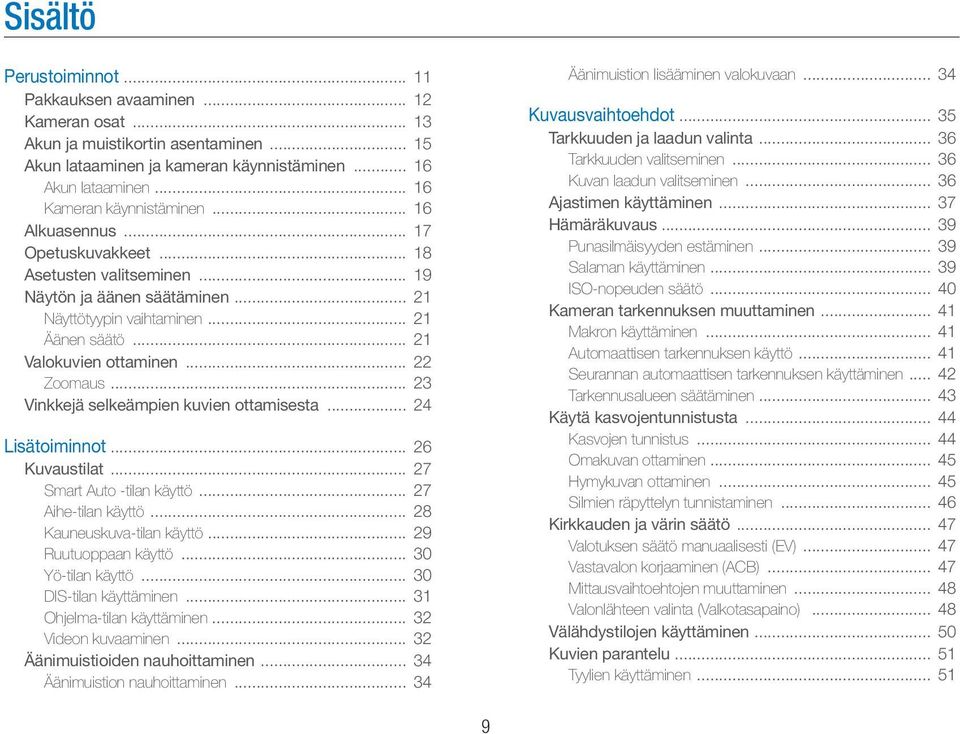 .. 21 Valokuvien ottaminen... 22 Zoomaus... 23 Vinkkejä selkeämpien kuvien ottamisesta... 24 Lisätoiminnot... 26 Kuvaustilat... 27 Smart Auto -tilan käyttö... 27 Aihe-tilan käyttö.