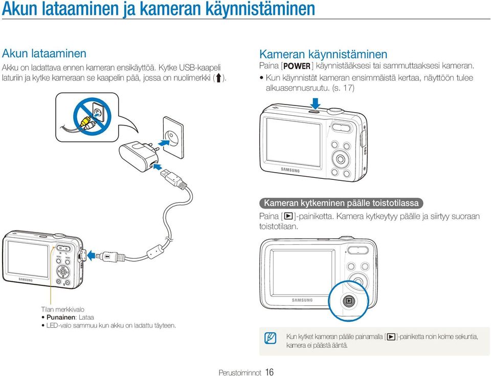 Kun käynnistät kameran ensimmäistä kertaa, näyttöön tulee alkuasennusruutu. (s. 17) Kameran kytkeminen päälle toistotilassa Paina [ ]-painiketta.