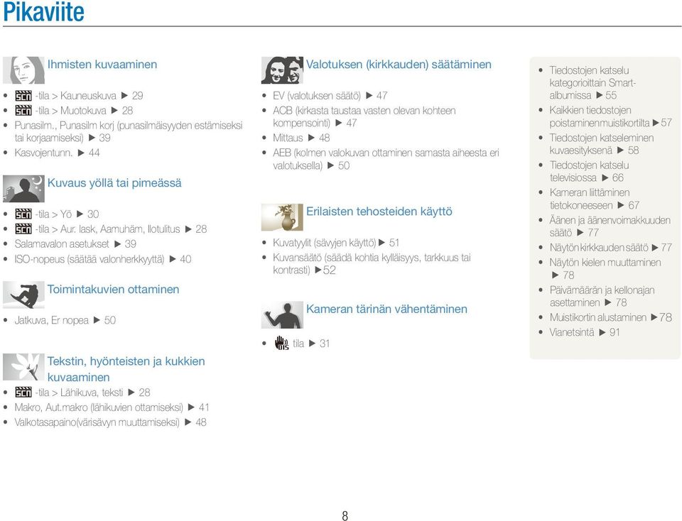 lask, Aamuhäm, Ilotulitus 28 Salamavalon asetukset 39 ISO-nopeus (säätää valonherkkyyttä) 40 Toimintakuvien ottaminen Jatkuva, Er nopea 50 Tekstin, hyönteisten ja kukkien kuvaaminen -tila > Lähikuva,