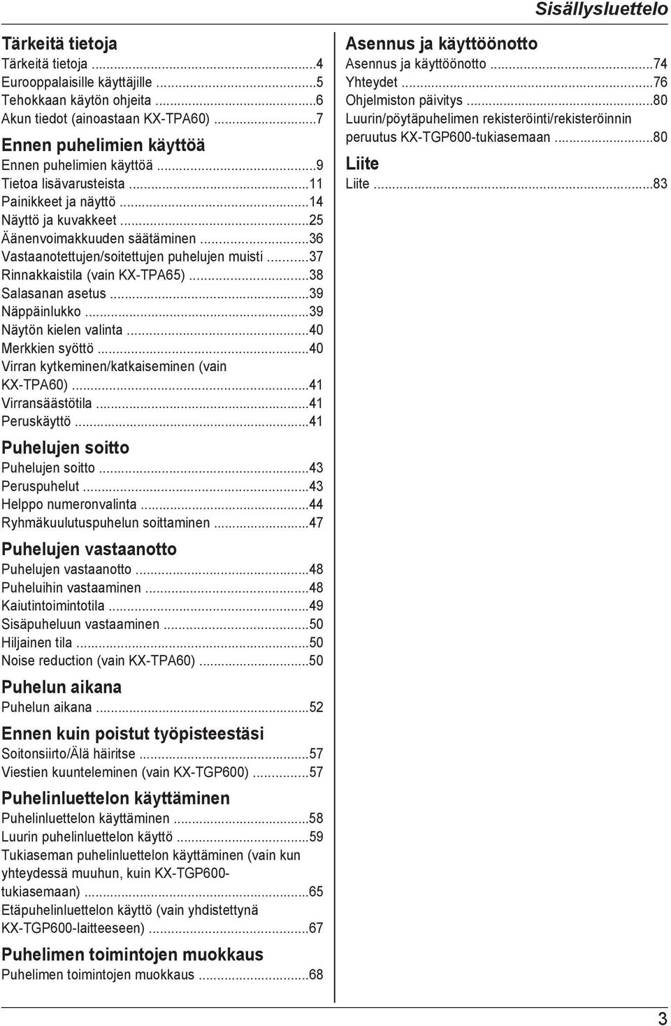 ..36 Vastaanotettujen/soitettujen puhelujen muisti...37 Rinnakkaistila (vain KX-TPA65)...38 Salasanan asetus...39 Näppäinlukko...39 Näytön kielen valinta...40 Merkkien syöttö.