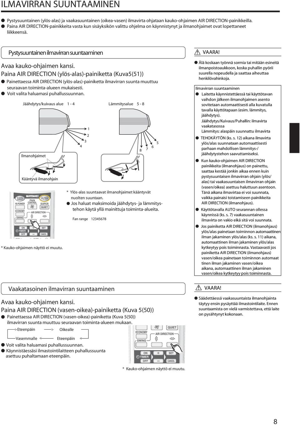 Paina AIR DIRECTION (ylös-alas)-painiketta (Kuva5(51)) Painettaessa AIR DIRECTION (ylös-alas)-painiketta ilmavirran suunta muuttuu seuraavan toiminta-alueen mukaisesti.