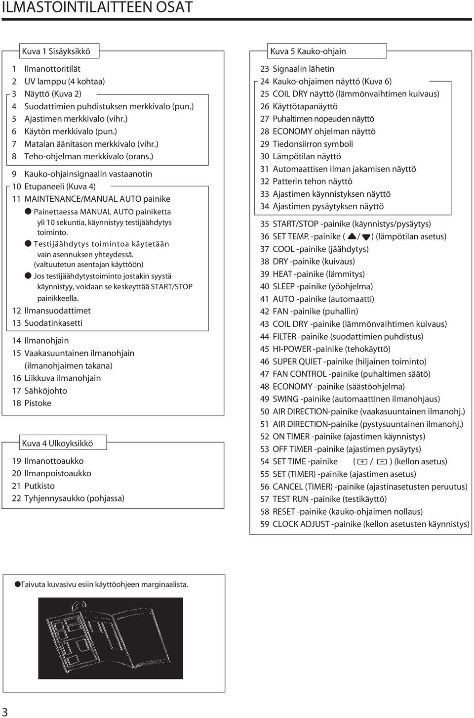 ) 9 Kauko-ohjainsignaalin vastaanotin 10 Etupaneeli (Kuva 4) 11 MAINTENANCE/MANUAL AUTO painike Painettaessa MANUAL AUTO painiketta yli 10 sekuntia, käynnistyy testijäähdytys toiminto.