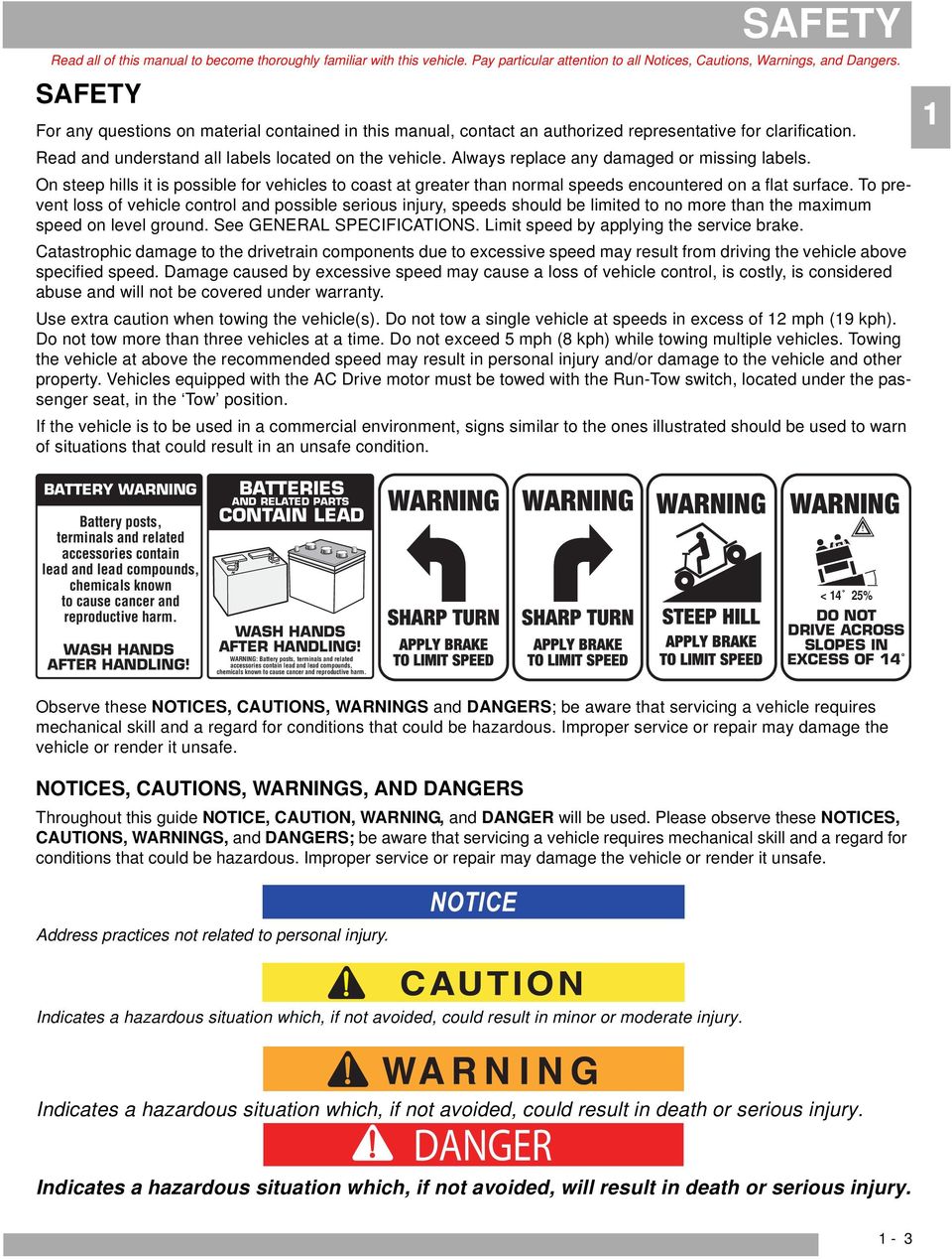 Always replace any damaged or missing labels. On steep hills it is possible for vehicles to coast at greater than normal speeds encountered on a flat surface.