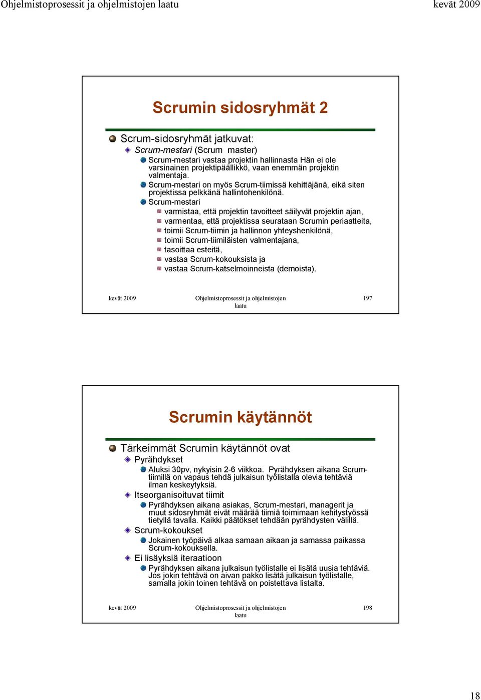 Scrum-mestari varmistaa, että projektin tavoitteet säilyvät projektin ajan, varmentaa, että projektissa seurataan Scrumin periaatteita, toimii Scrum-tiimin ja hallinnon yhteyshenkilönä, toimii