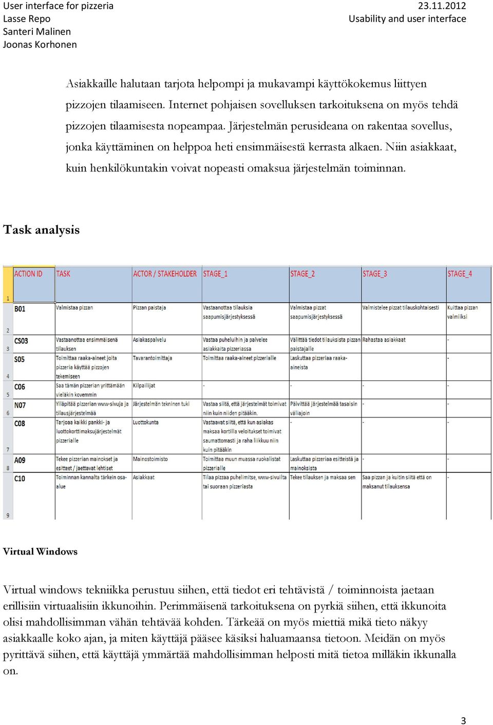 Task analysis Virtual Windows Virtual windows tekniikka perustuu siihen, että tiedot eri tehtävistä / toiminnoista jaetaan erillisiin virtuaalisiin ikkunoihin.