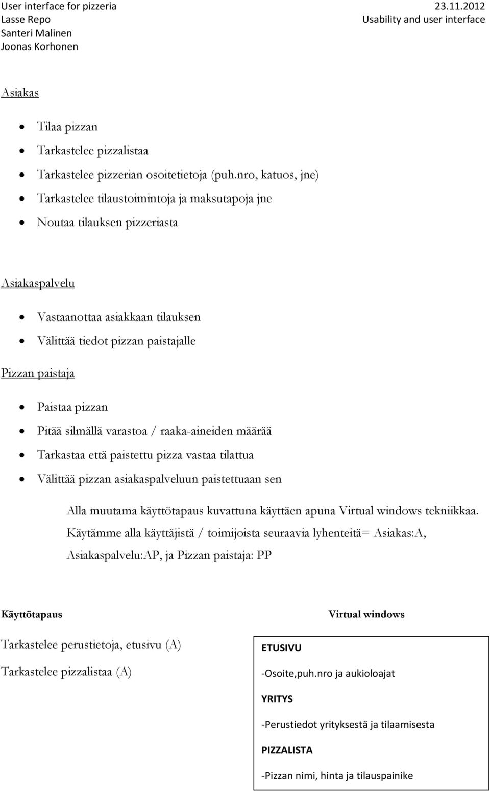 Paistaa pizzan Pitää silmällä varastoa / raaka-aineiden määrää Tarkastaa että paistettu pizza vastaa tilattua Välittää pizzan asiakaspalveluun paistettuaan sen Alla muutama käyttötapaus kuvattuna