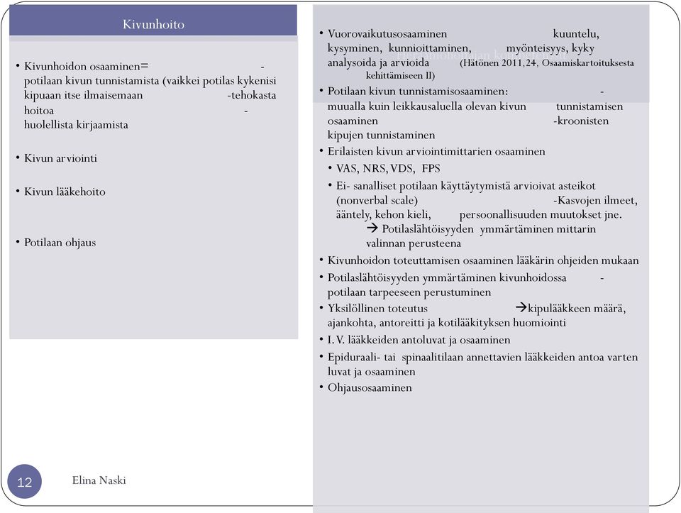 tunnistamisosaaminen: - muualla kuin leikkausaluella olevan kivun tunnistamisen osaaminen -kroonisten kipujen tunnistaminen Erilaisten kivun arviointimittarien osaaminen VAS, NRS, VDS, FPS Ei-