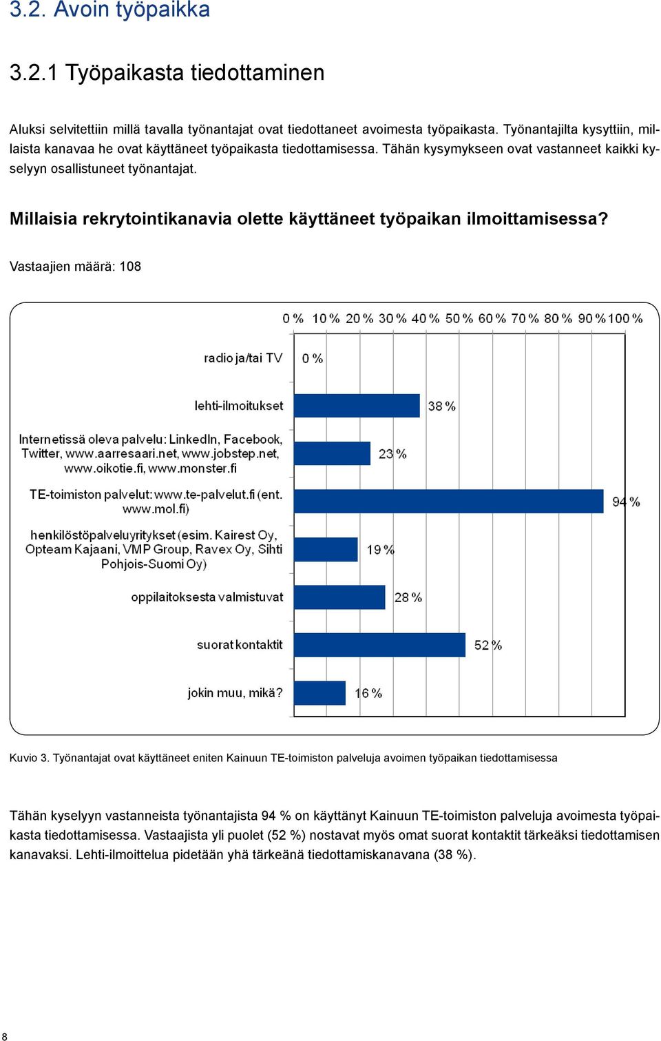 Millaisia rekrytointikanavia olette käyttäneet työpaikan ilmoittamisessa? Vastaajien määrä: 108 Kuvio 3.