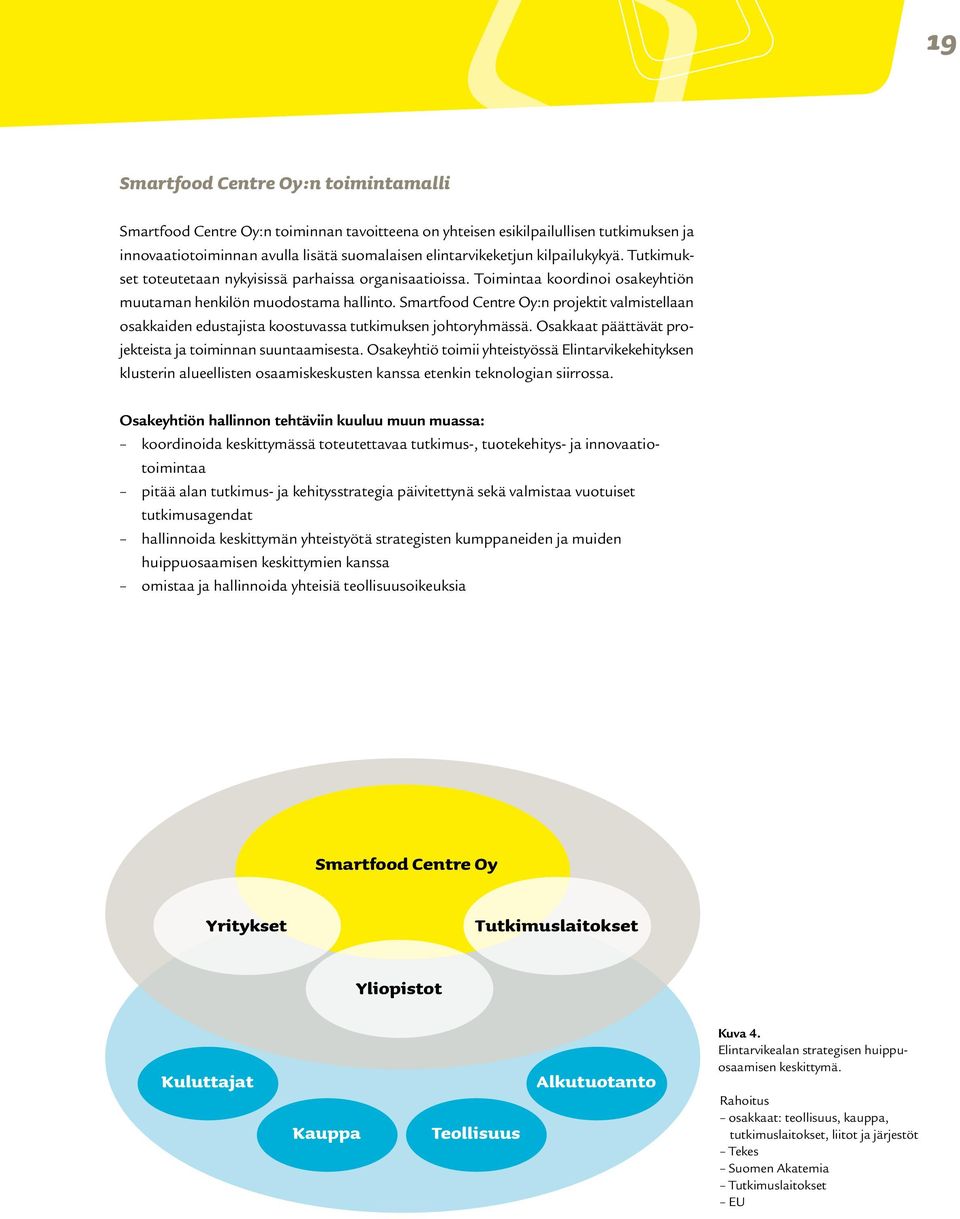Smartfood Centre Oy:n projektit valmistellaan osakkaiden edustajista koostuvassa tutkimuksen johtoryhmässä. Osakkaat päättävät projekteista ja toiminnan suuntaamisesta.