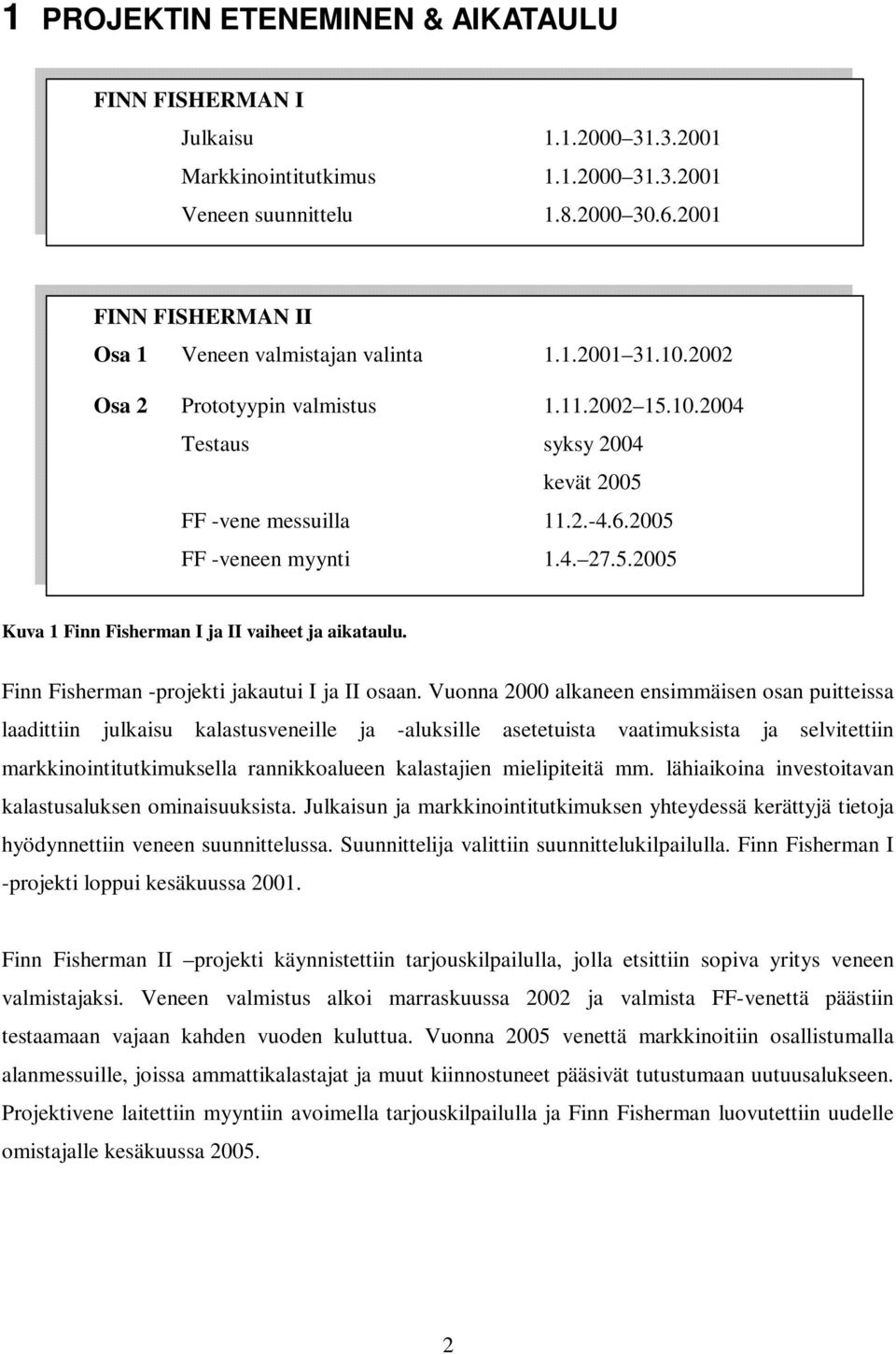 2005 FF -veneen myynti 1.4. 27.5.2005 Dokumentointi ja raportointi 1.5. 31.8.2005 Kuva 1 Finn Fisherman I ja II vaiheet ja aikataulu. Finn Fisherman -projekti jakautui I ja II osaan.