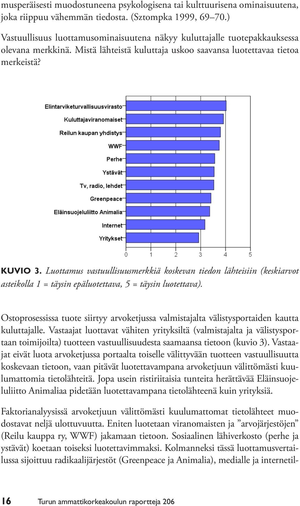 Luottamus vastuullisuusmerkkiä koskevan tiedon lähteisiin (keskiarvot asteikolla 1 = täysin epäluotettava, 5 = täysin luotettava).