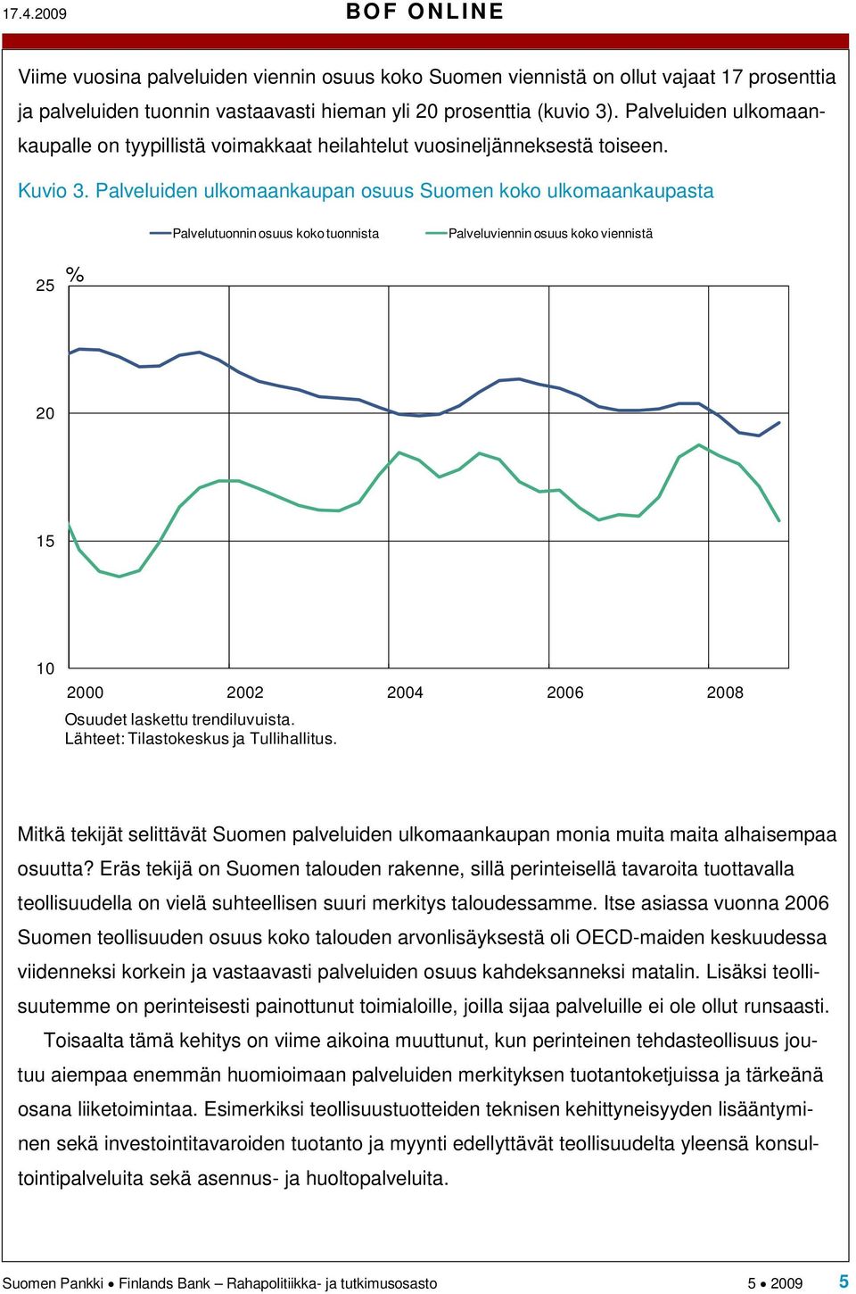 Palveluiden ulkomaankaupan osuus Suomen koko ulkomaankaupasta Palvelutuonnin osuus koko tuonnista Palveluviennin osuus koko viennistä 25 % 20 15 10 2000 2002 2004 2006 2008 Osuudet laskettu