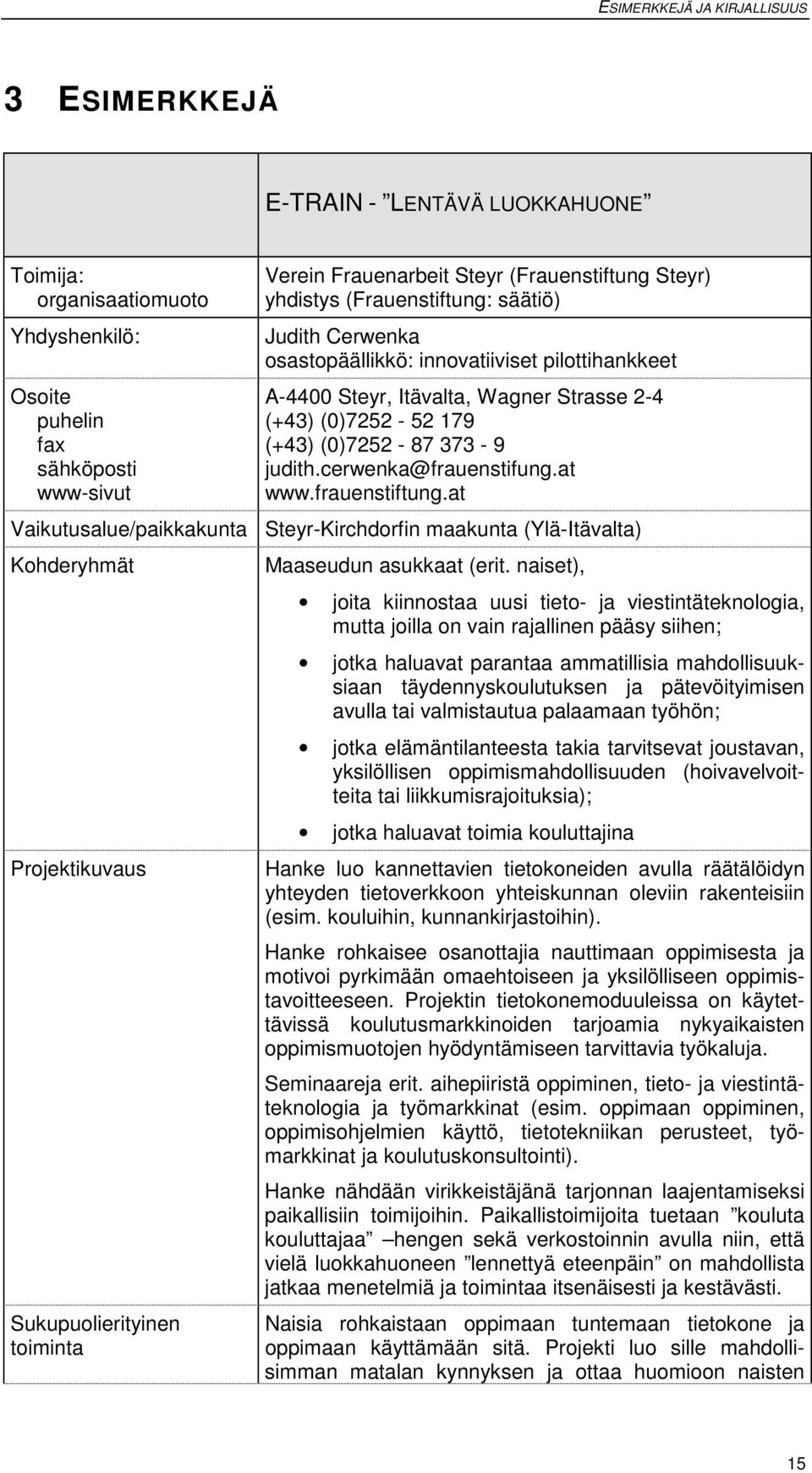 cerwenka@frauenstifung.at www.frauenstiftung.at Vaikutusalue/paikkakunta Steyr-Kirchdorfin maakunta (Ylä-Itävalta) Kohderyhmät Projektikuvaus Sukupuolierityinen toiminta Maaseudun asukkaat (erit.