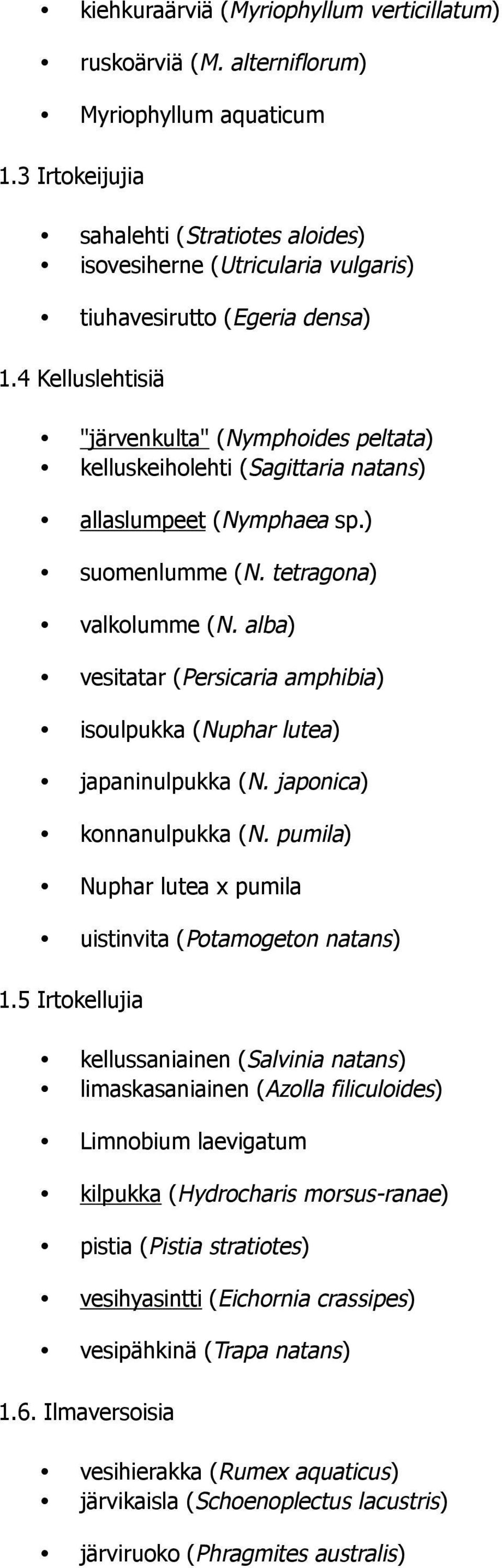 4 Kelluslehtisiä "järvenkulta" (Nymphoides peltata) kelluskeiholehti (Sagittaria natans) allaslumpeet (Nymphaea sp.) suomenlumme (N. tetragona) valkolumme (N.