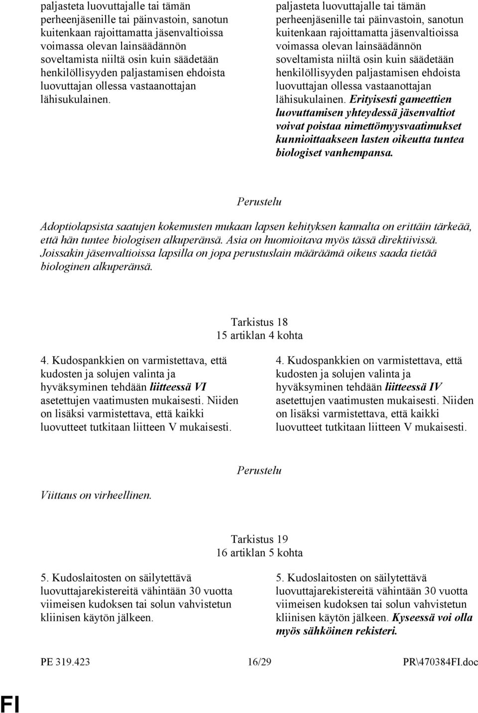 Erityisesti gameettien luovuttamisen yhteydessä jäsenvaltiot voivat poistaa nimettömyysvaatimukset kunnioittaakseen lasten oikeutta tuntea biologiset vanhempansa.