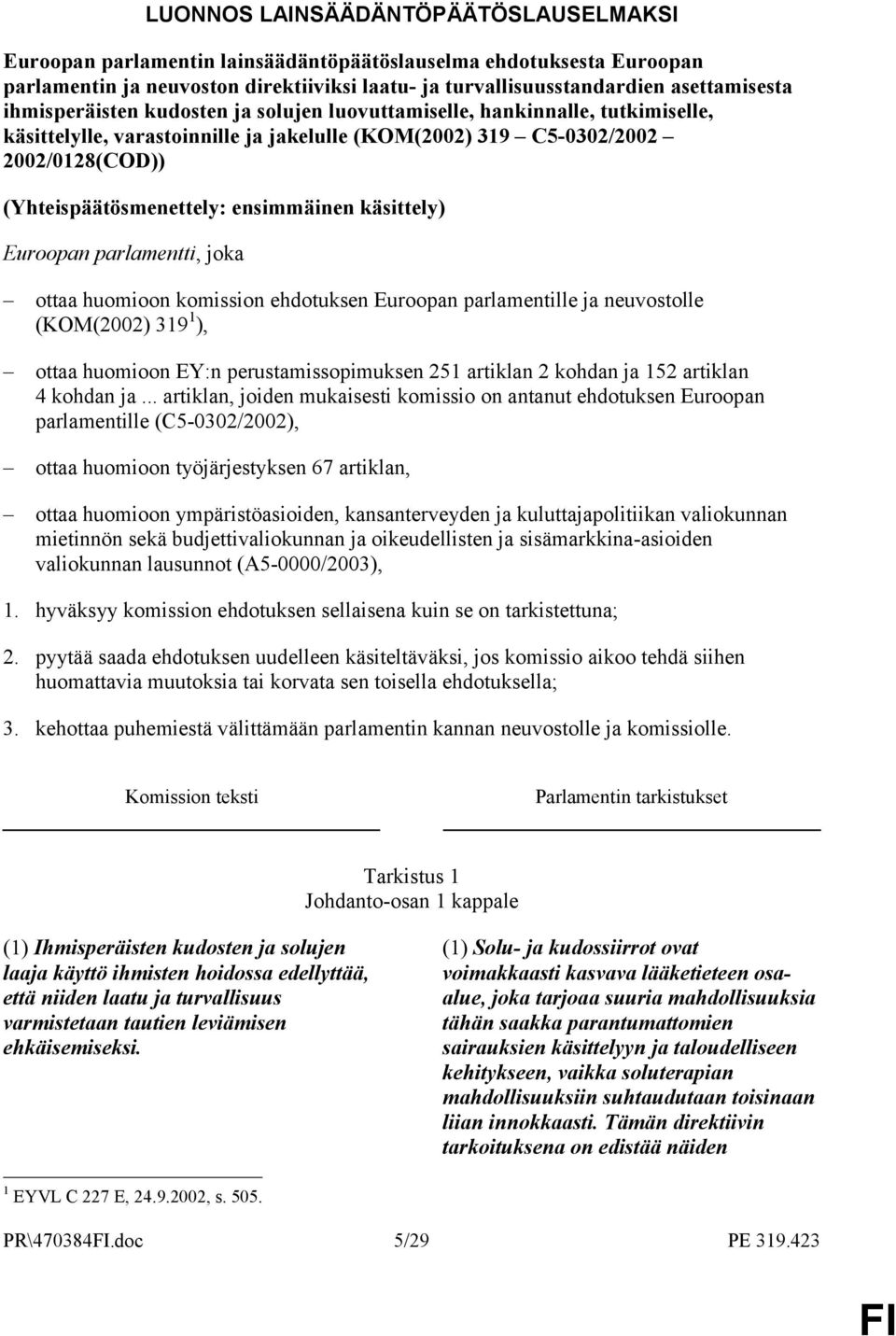 ensimmäinen käsittely) Euroopan parlamentti, joka ottaa huomioon komission ehdotuksen Euroopan parlamentille ja neuvostolle (KOM(2002) 319 1 ), ottaa huomioon EY:n perustamissopimuksen 251 artiklan 2