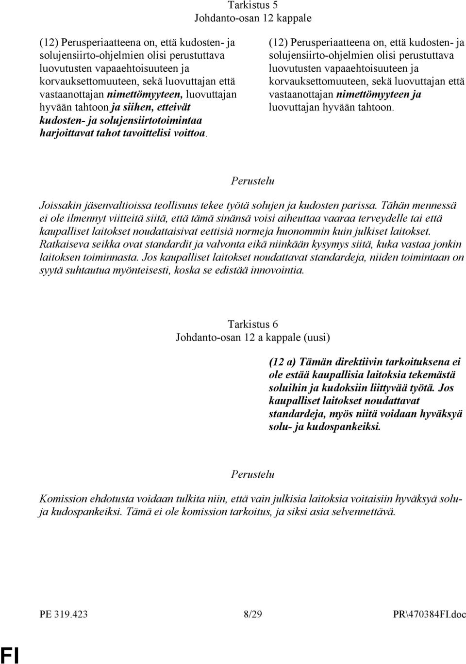 (12) Perusperiaatteena on, että kudosten- ja solujensiirto-ohjelmien olisi perustuttava luovutusten vapaaehtoisuuteen ja korvauksettomuuteen, sekä luovuttajan että vastaanottajan nimettömyyteen ja