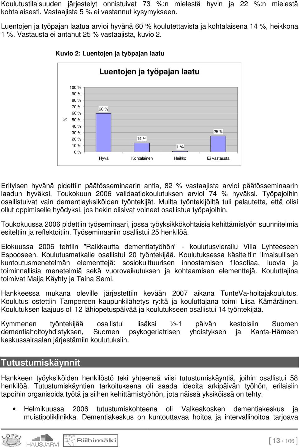 Kuvio 2: Luentojen ja työpajan laatu Luentojen ja työpajan laatu % 100 % 90 % 80 % 70 % 60 % 50 % 40 % 30 % 20 % 10 % 0 % 60 % 25 % 14 % 1 % Hyvä Kohtalainen Heikko Ei vastausta Erityisen hyvänä