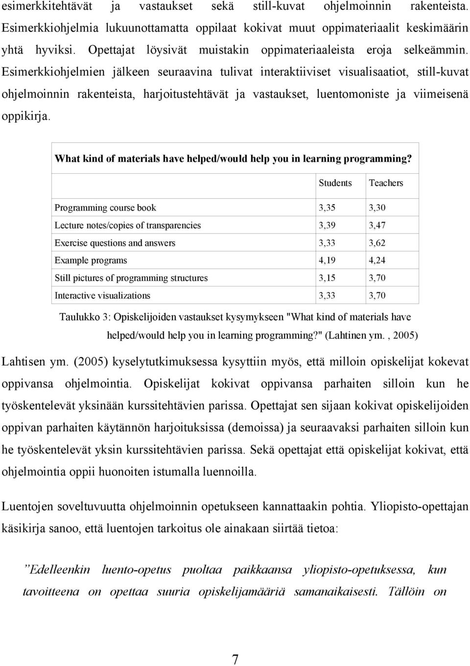 Esimerkkiohjelmien jälkeen seuraavina tulivat interaktiiviset visualisaatiot, still-kuvat ohjelmoinnin rakenteista, harjoitustehtävät ja vastaukset, luentomoniste ja viimeisenä oppikirja.