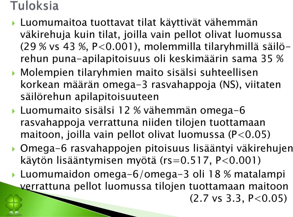 (NS), viitaten säilörehun apilapitoisuuteen Luomumaito sisälsi 12 % vähemmän omega-6 rasvahappoja verrattuna niiden tilojen tuottamaan maitoon, joilla vain pellot olivat