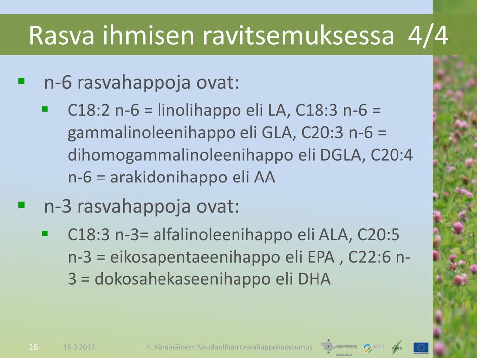 C20:4 n-6 = arakidonihappo eli AA n-3 rasvahappoja ovat: C18:3 n-3= alfalinoleenihappo eli