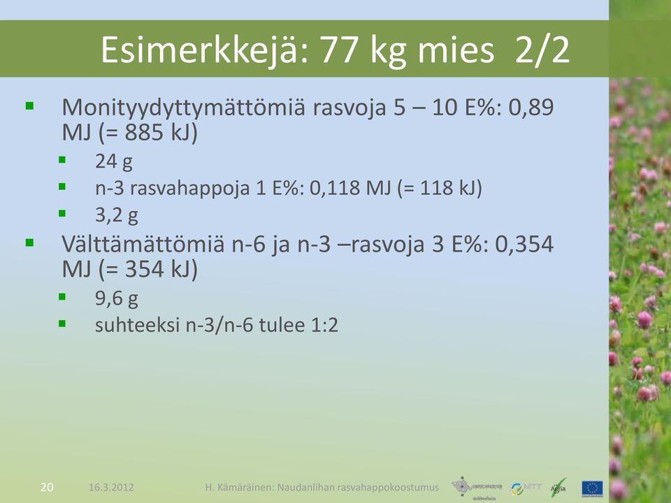 (= 118 kj) 3,2 g Välttämättömiä n-6 ja n-3 rasvoja 3 E%: