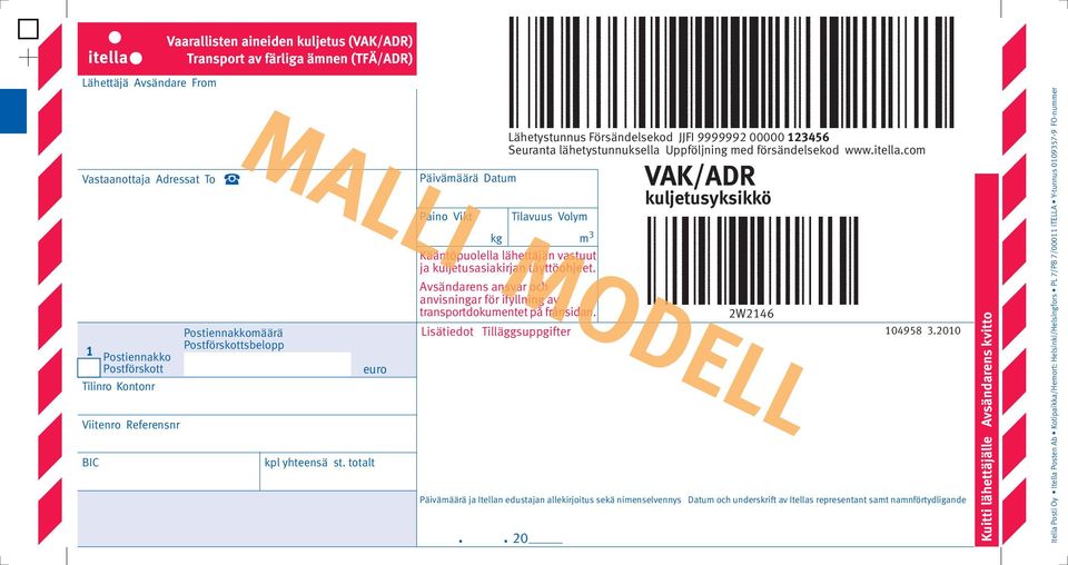 Avsändarens ansvar och anvisningar för ifyllning av transportdokumentet på frånsidan.