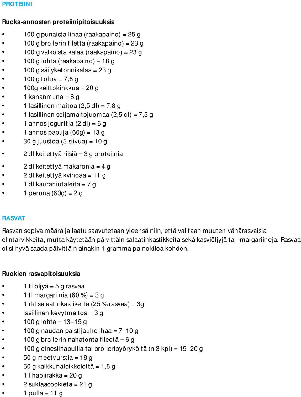 jogurttia (2 dl) = 6 g 1 annos papuja (60g) = 13 g 30 g juustoa (3 siivua) = 10 g 2 dl keitettyä riisiä = 3 g proteiinia 2 dl keitettyä makaronia = 4 g 2 dl keitettyä kvinoaa = 11 g 1 dl