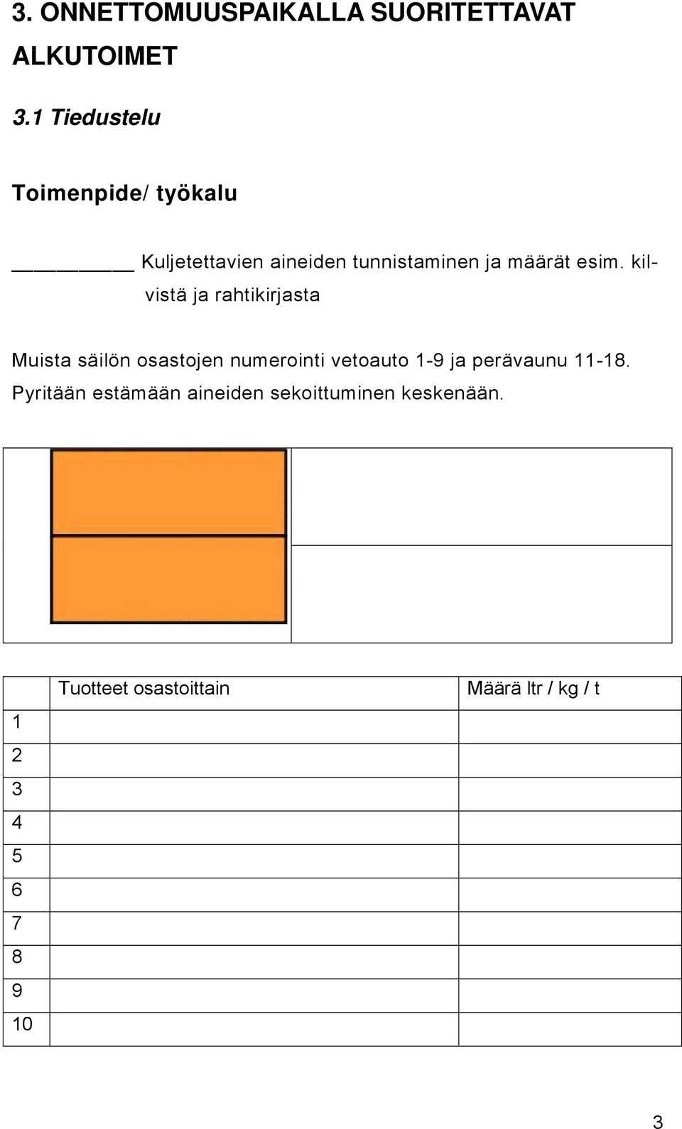 kilvistä ja rahtikirjasta Muista säilön osastojen numerointi vetoauto 1-9 ja perävaunu