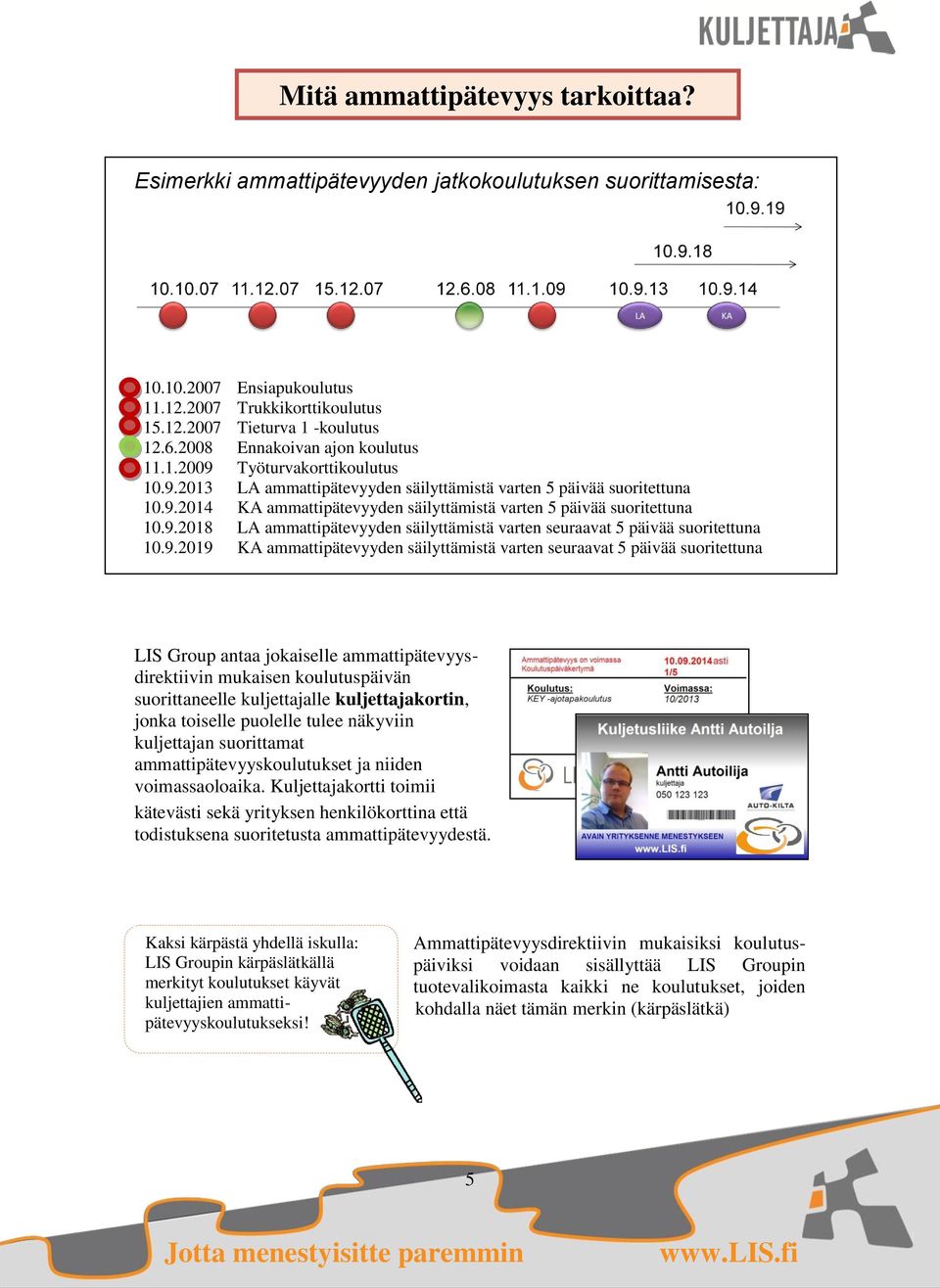 9.2018 LA ammattipätevyyden säilyttämistä varten seuraavat 5 päivää suoritettuna 10.9.2019 KA ammattipätevyyden säilyttämistä varten seuraavat 5 päivää suoritettuna LIS Group antaa jokaiselle