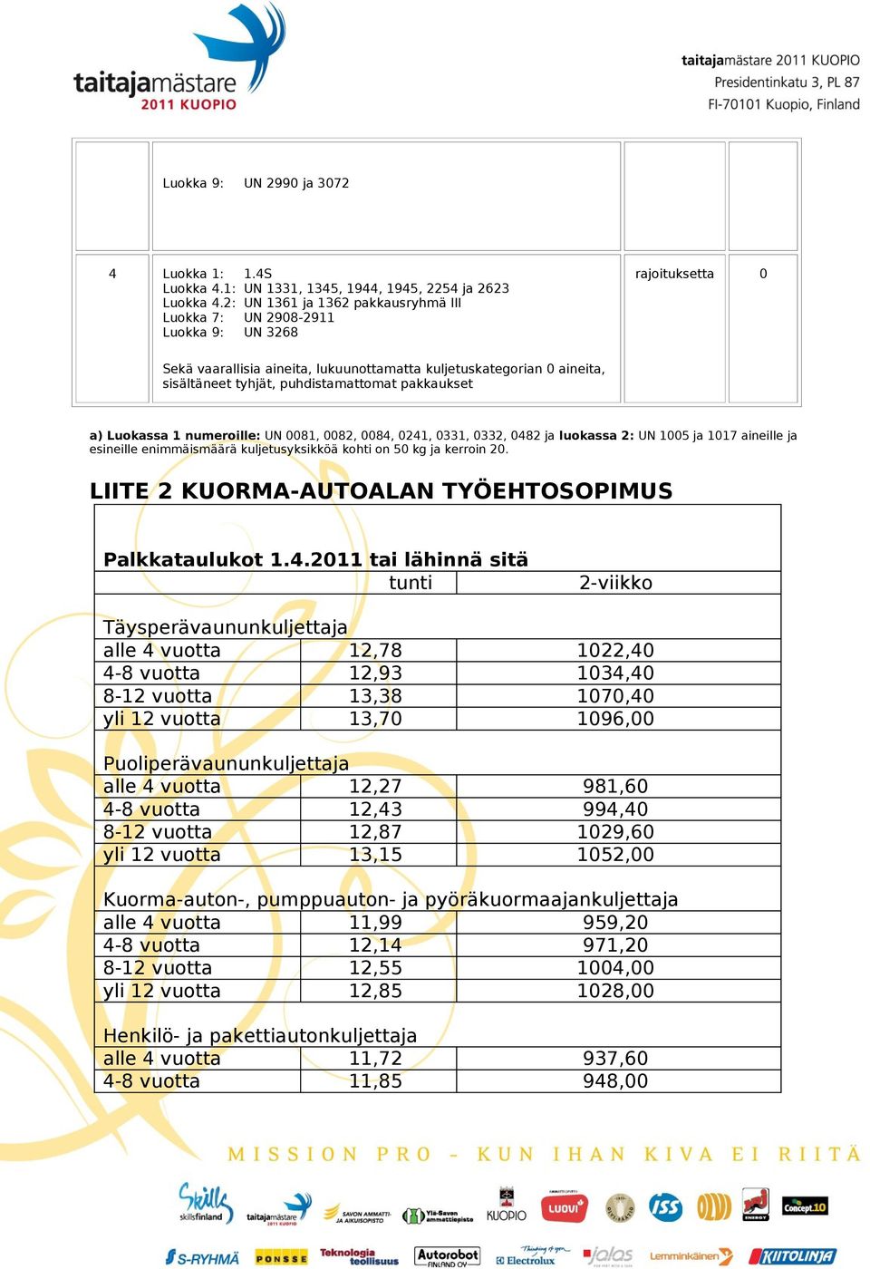 puhdistamattomat pakkaukset a) Luokassa 1 numeroille: UN 0081, 0082, 0084, 0241, 0331, 0332, 0482 ja luokassa 2: UN 1005 ja 1017 aineille ja esineille enimmäismäärä kuljetusyksikköä kohti on 50 kg ja