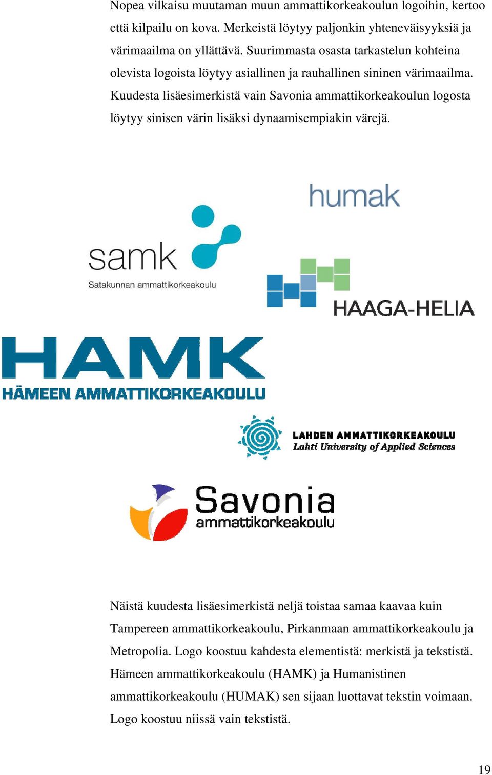 Kuudesta lisäesimerkistä vain Savonia ammattikorkeakoulun logosta löytyy sinisen värin lisäksi dynaamisempiakin värejä.