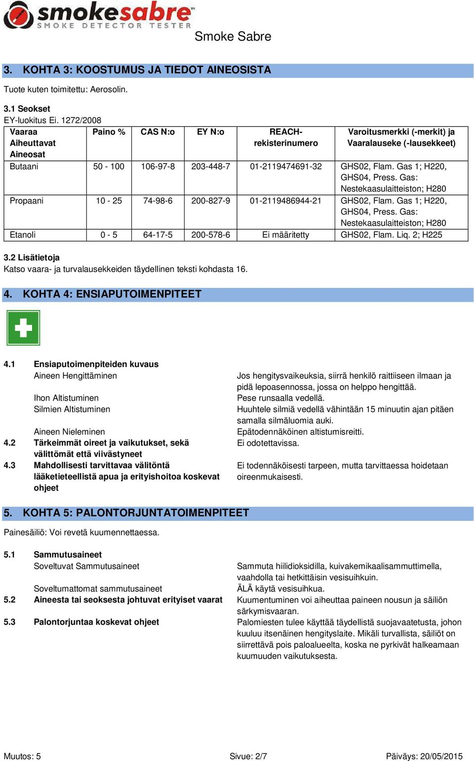 Gas 1; H220, GHS04, Press. Gas: Nestekaasulaitteiston; H280 Propaani 10-25 74-98-6 200-827-9 01-2119486944-21 GHS02, Flam. Gas 1; H220, GHS04, Press.